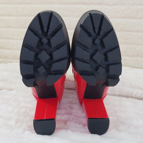 Bright Red Patent Lug Sole Studded Strap Ankle Boots Temptress - Picture 10 of 11
